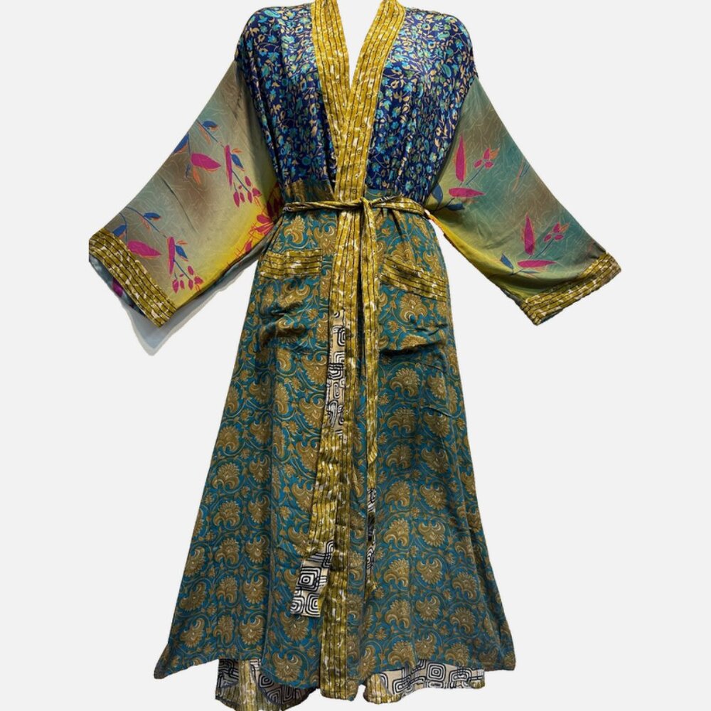 Nwt FUNKY STUFF boho patch belted vintage silk TOP DUSTER CARDIGAN 5X